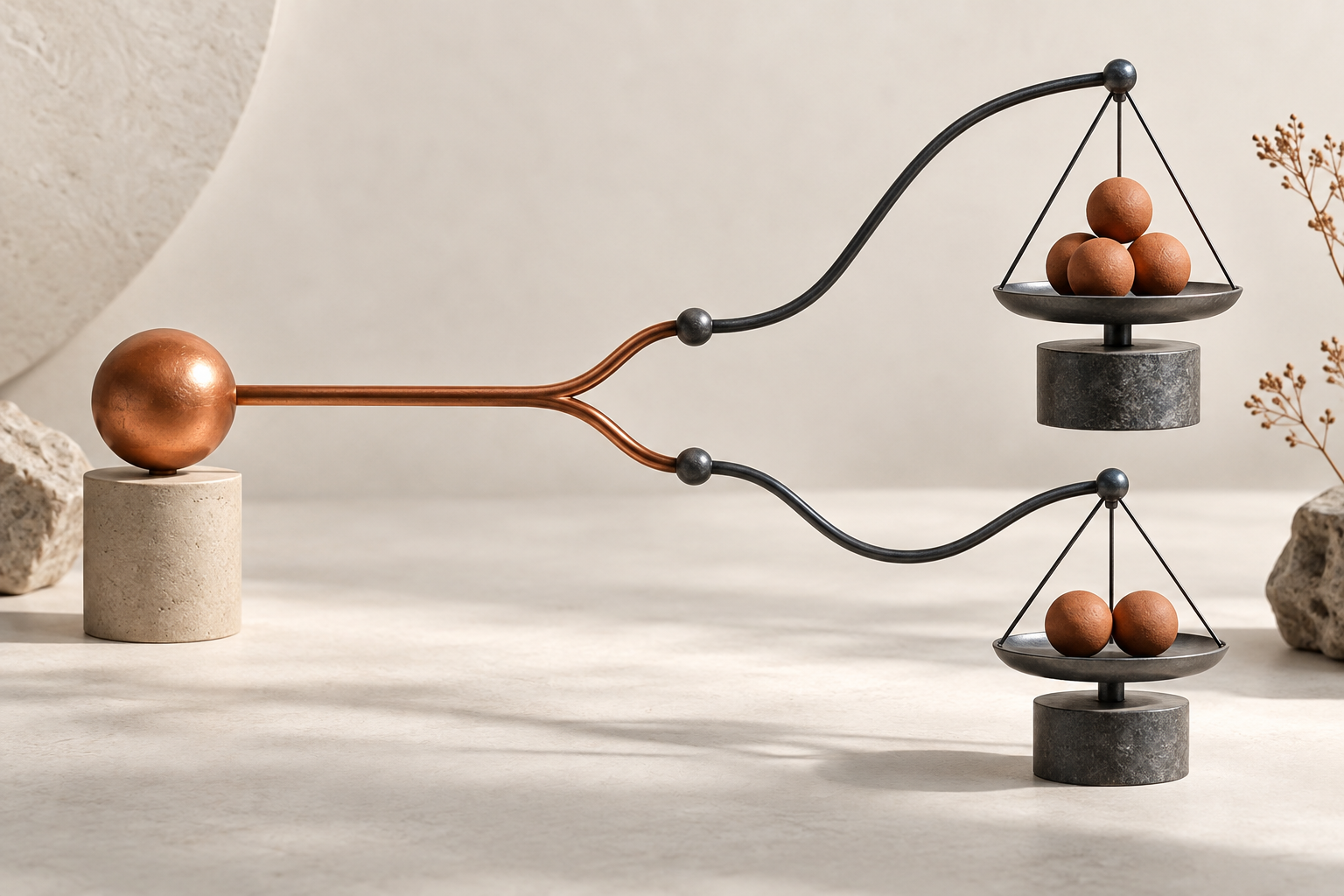 One copper signal splitting toward two differently balanced measurement scales