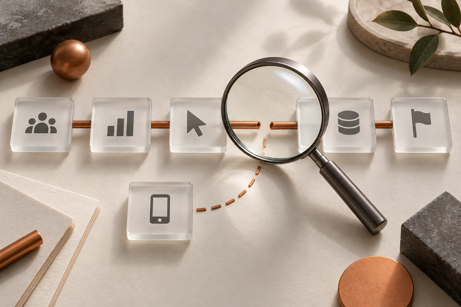 Magnifying glass inspecting a broken copper measurement path