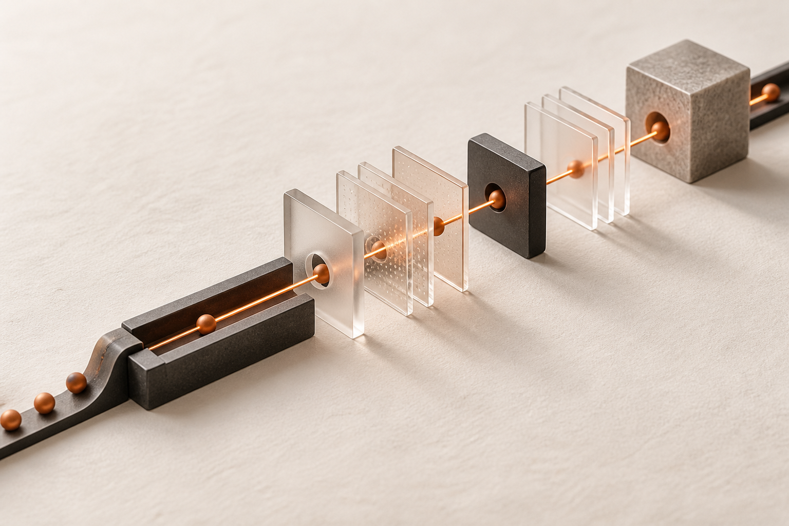 Abstract copper signal passing through layers of glass and dark metal